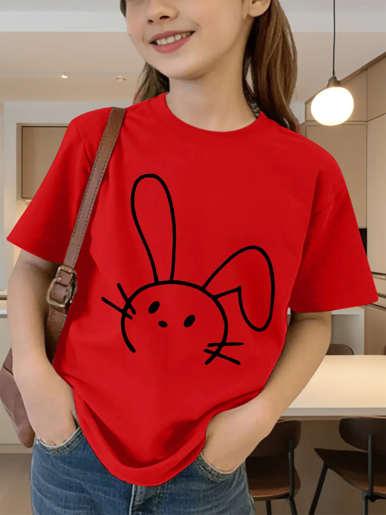 Cute Line Drawing Bunny Face Print Graphic Kids Tee Boys Girls Family Matching Cotton Crew Neck Short Sleeve Soft Summer Tee