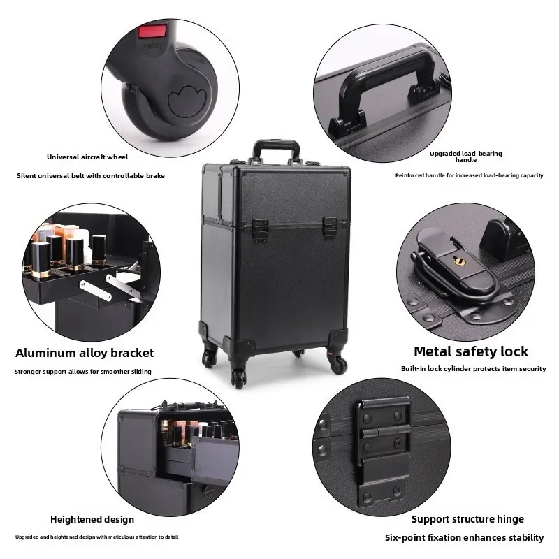 Aluminum Alloy Pro Large Capacity Rolling Makeup Chest Storage Toolbox Professional Nail Art Case Organizer Makeup Rolling Case view 3