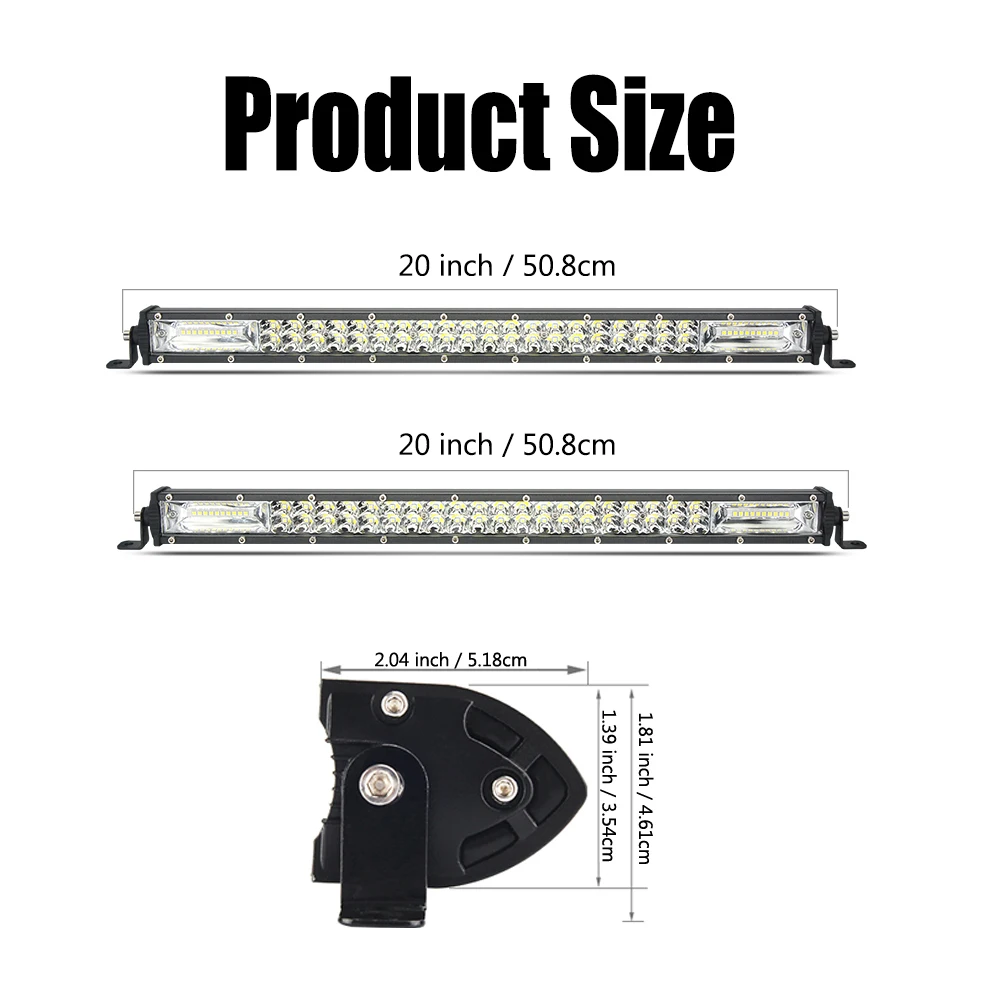 2 Rows LED Light Bar 2PCS 20 INCH Super Bright Combo White Beam IP67 Waterproof Driving Light Bumper Light And Roof Light 6000K 12-24V For ATV SUV UTV Boat