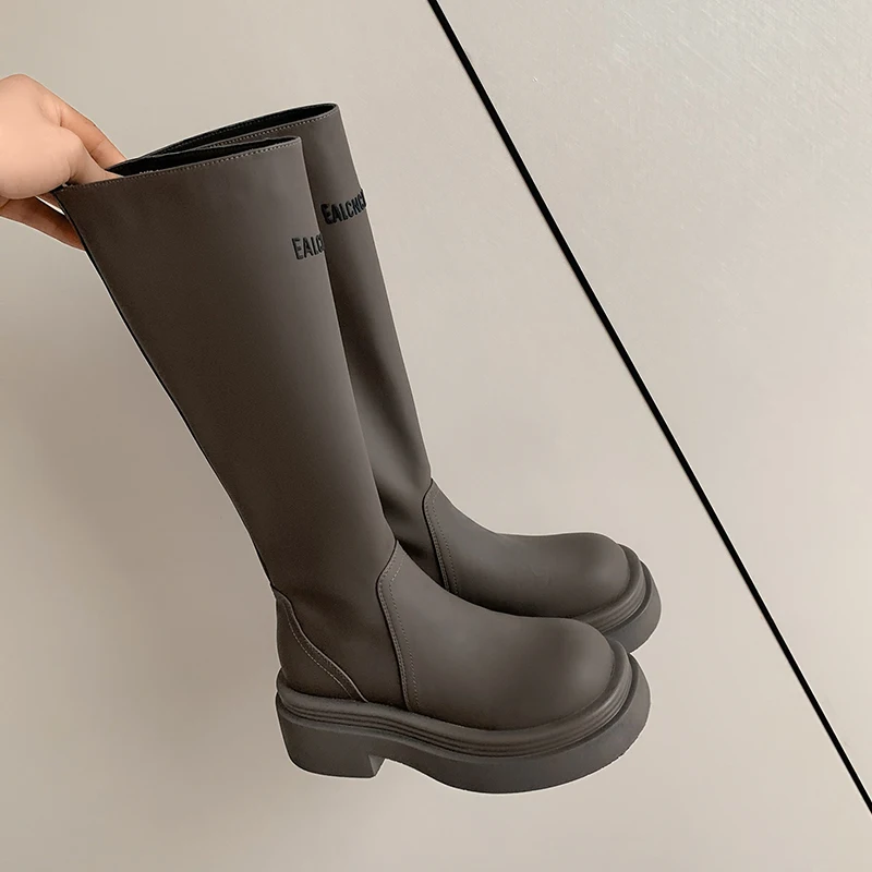 

Brand Design Leather Custom Knee-Length Boots Round Head Square Heel Heightened Elasticity Slim Knight Boots Sexy Women's Boots