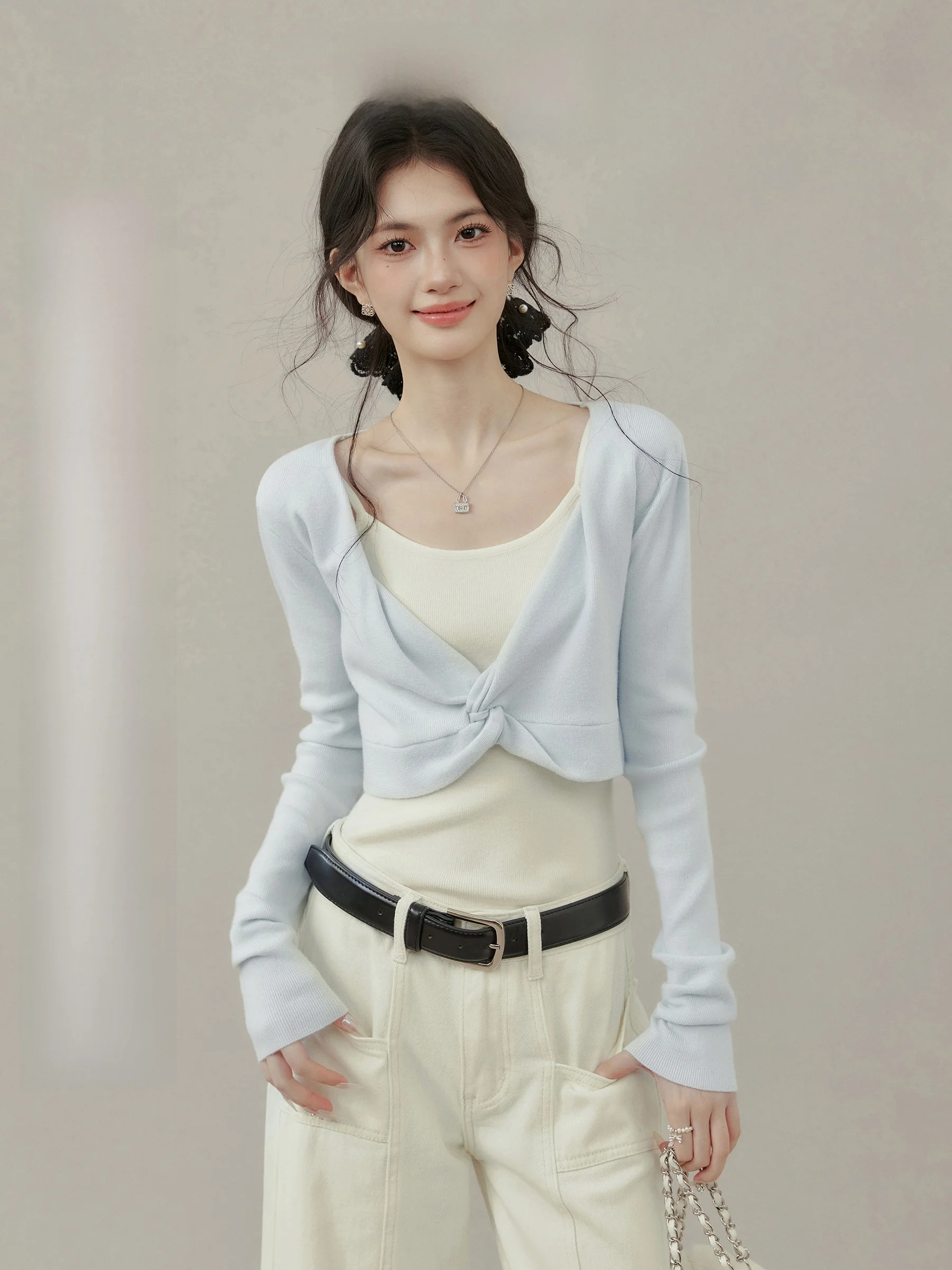 

White Day Flame Plump Knot Design Korean Sle Knitted Sweater Gentle Personali Two-Piece Set for Women Autumn Long Sve ...