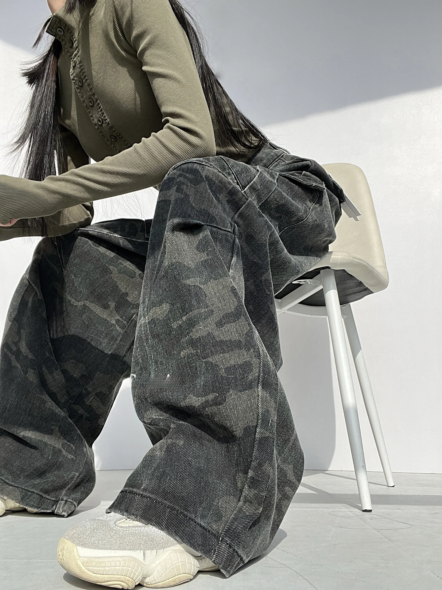 American Retro Camouflage Work Pants Women's Casual Multi-Pocket Knife  Pants Loose Fit Natural Waist Cotton Blend