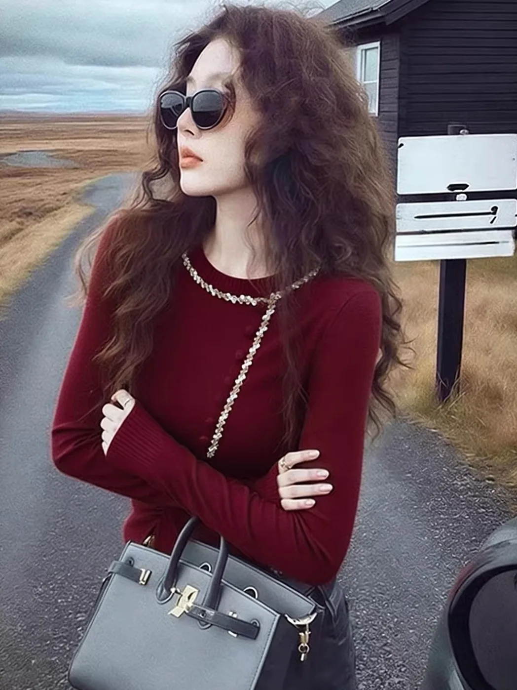 

Женский вязаный свитер с круглым вырезом, на пуговицах, с высоким воротником, с искусственным жемчугом, для повседневной носки, утепленный, свободного кроя.