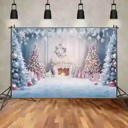 MOON.QG Christmas Fireplace 2025 Backdrops Snowflake Wreath Light Trees Gift Backgrounds Party Decor Photo Shoot Accessories