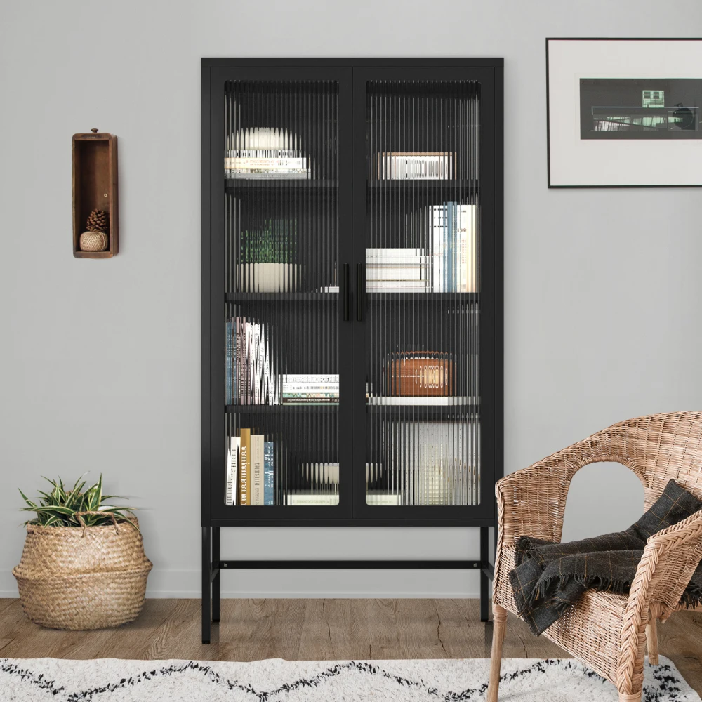 Display Cabinet, Double Glass Door Storage Cabinet with Shelves and Steel Sideboard Furniture for Living Room Kitchen