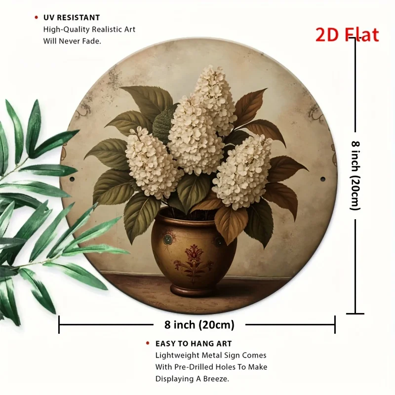 2D Flat, [2D Flat]1pcs Classic Vintage Hydrangea Floral Aluminum Sign, 8x8inch Round Pewter Metal Wall Art, Multipurpose Indoor