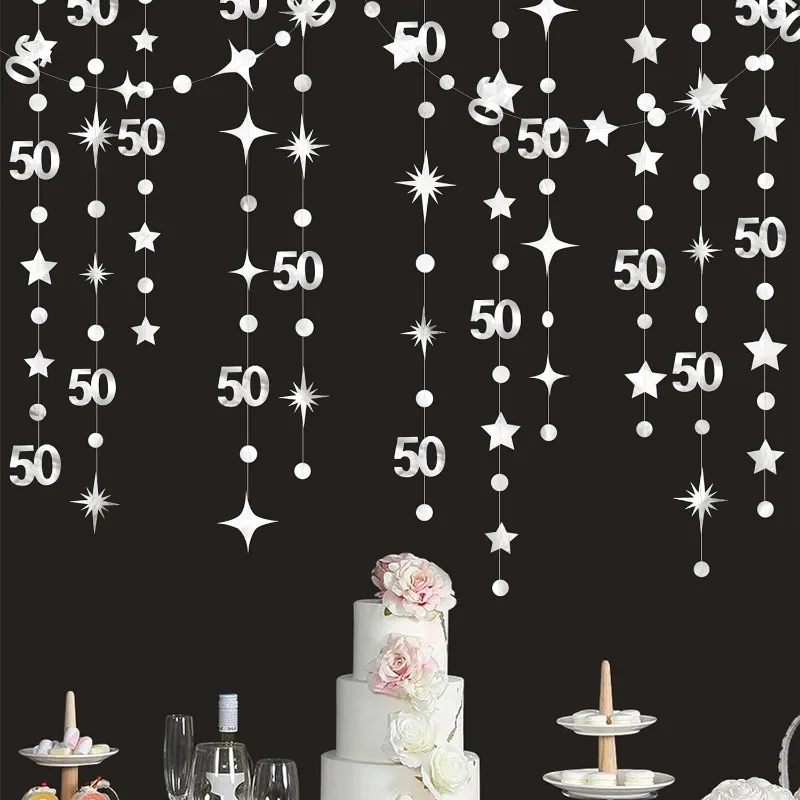 Silver 50th Birthday Party Decorations 50th Circle Dot Twinkle Star Garland Hanging Banner for 50th Anniversary Party Supplies