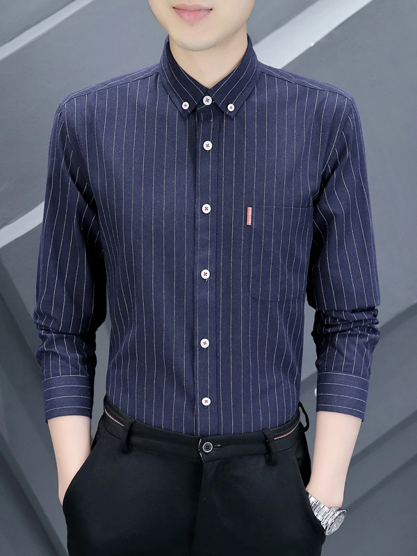 

Autumn New Style Men's Long Sleeve Fleece Cotton Shirt Casual Button Collar Slim Fit Thin Outerwear Top Striped Decorative St...
