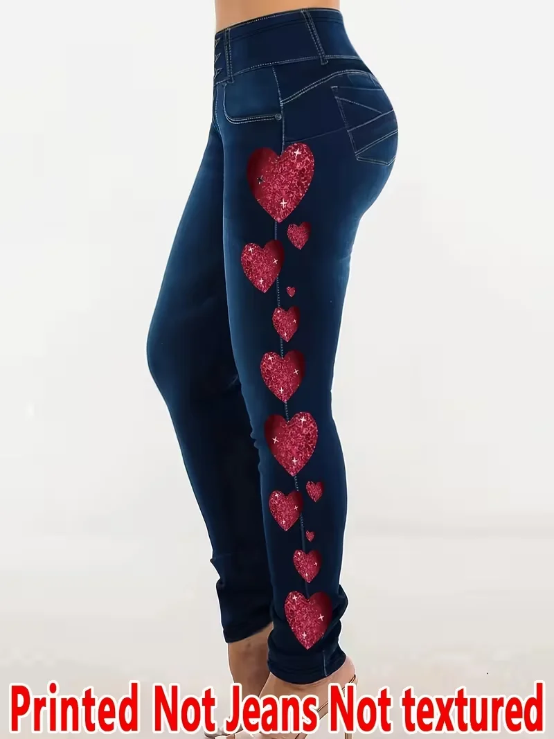 Printed Legging‑Not Denim Fabric All‑over Faux‑Denim Printed Long Pants with Faux Pocket and Button Print Details. New‑Arrival