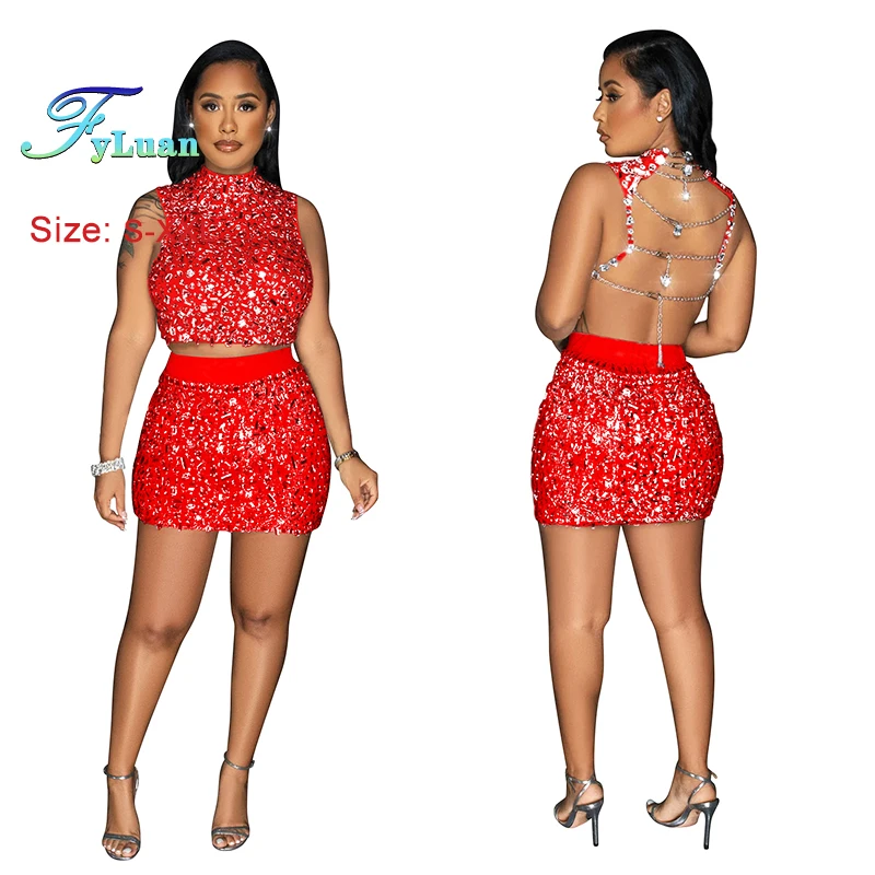 

Casual Party Dress Sexy O Neck Women Sleeveless Top And Rhinestones Decor Short Skirt Crop Tops Street Summer Vacation Outfits
