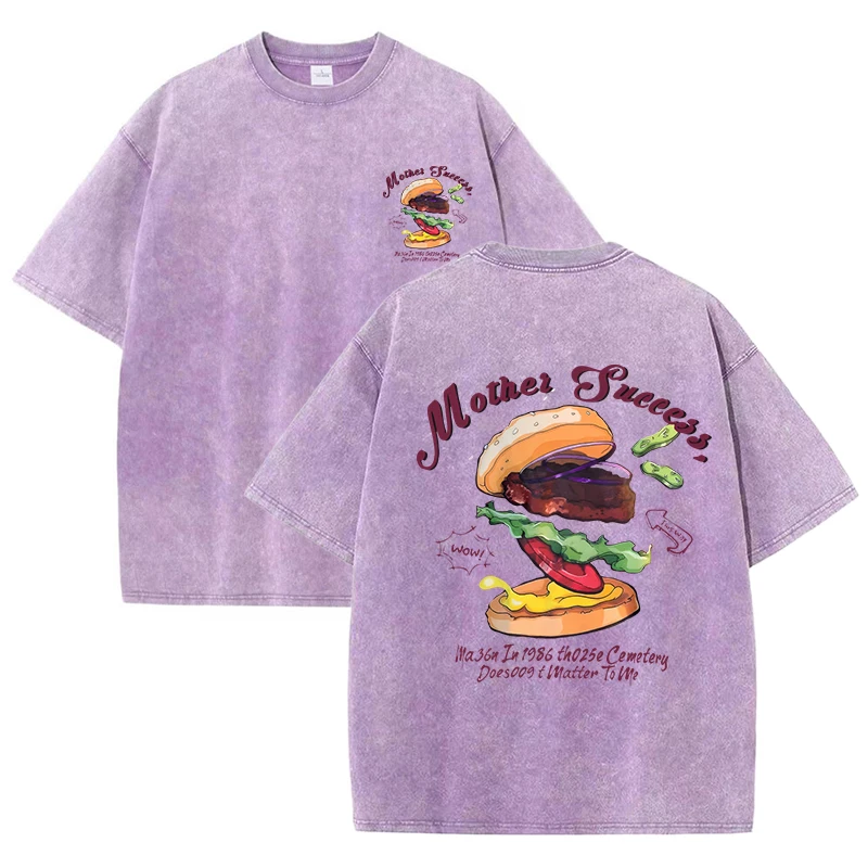 Delicious Burger American Retro Fun Printed Washed T-Shirt Women Cotton T Shirts Crewneck Loose Clothes Multicolor Short Sleeve