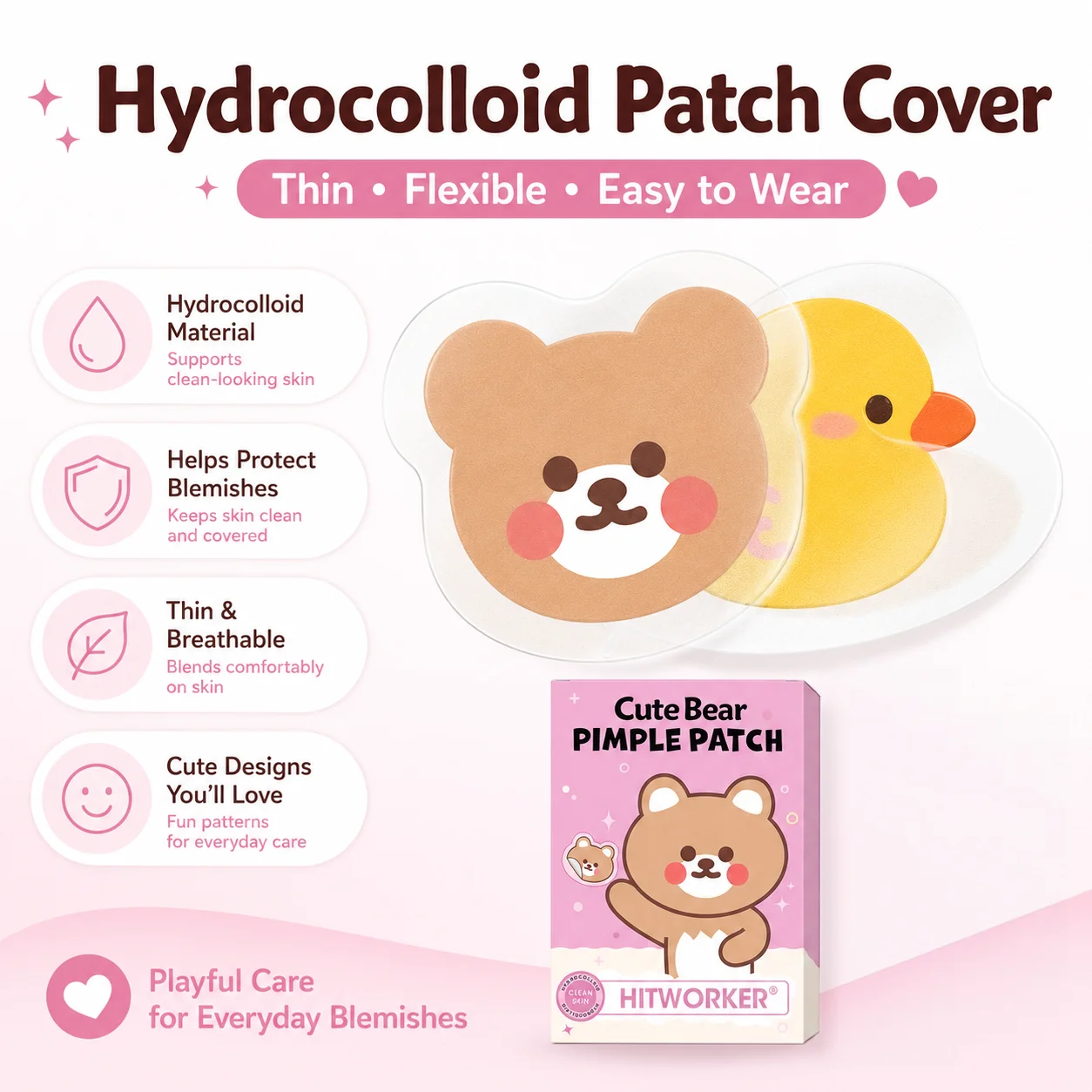 72PCS Cute Hydrocolloid Pimple Patches for Face, Cartoon Bear Duck Toast Blemish Cover Stickers, Facial Spot Patches