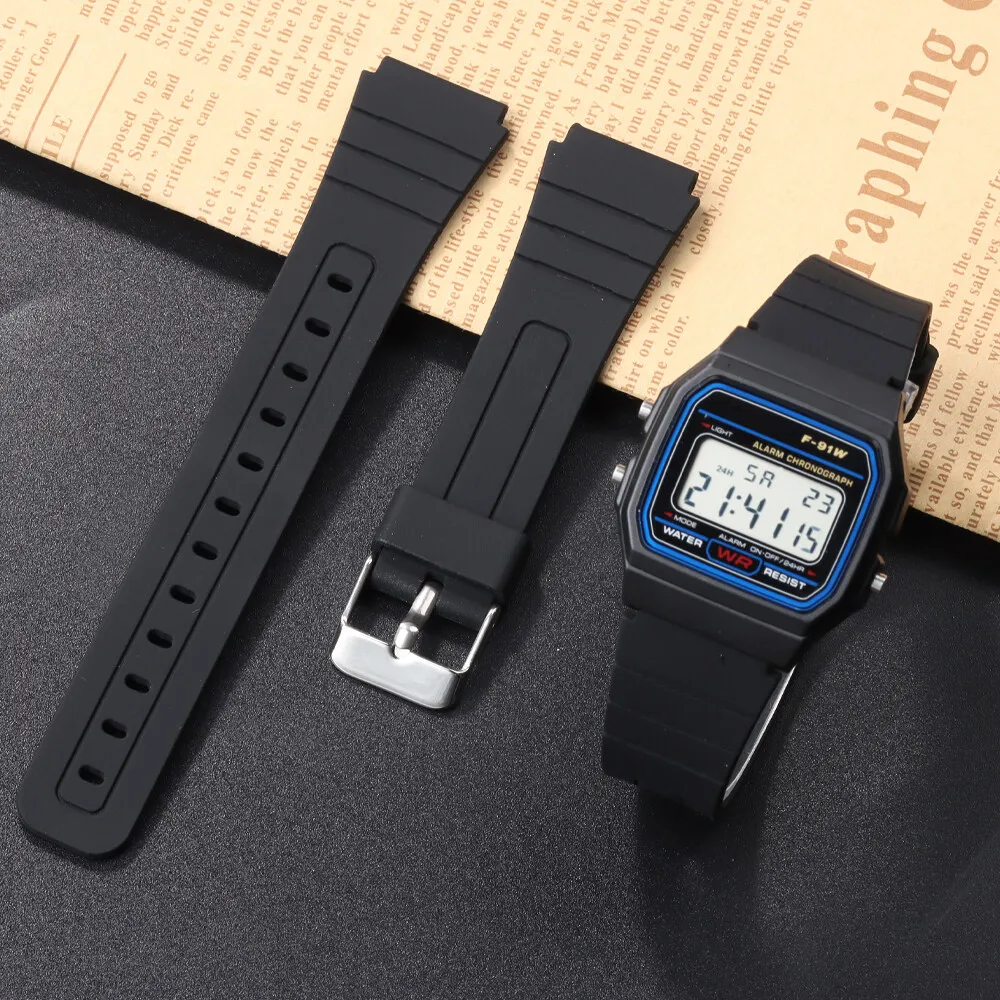 18mm Soft Silicone Watch Band F91W Sport Rubber Bracelet for Casio W800H SGW400 F91W F84 F105/108/A158/168 AE1200/1300 Wristband