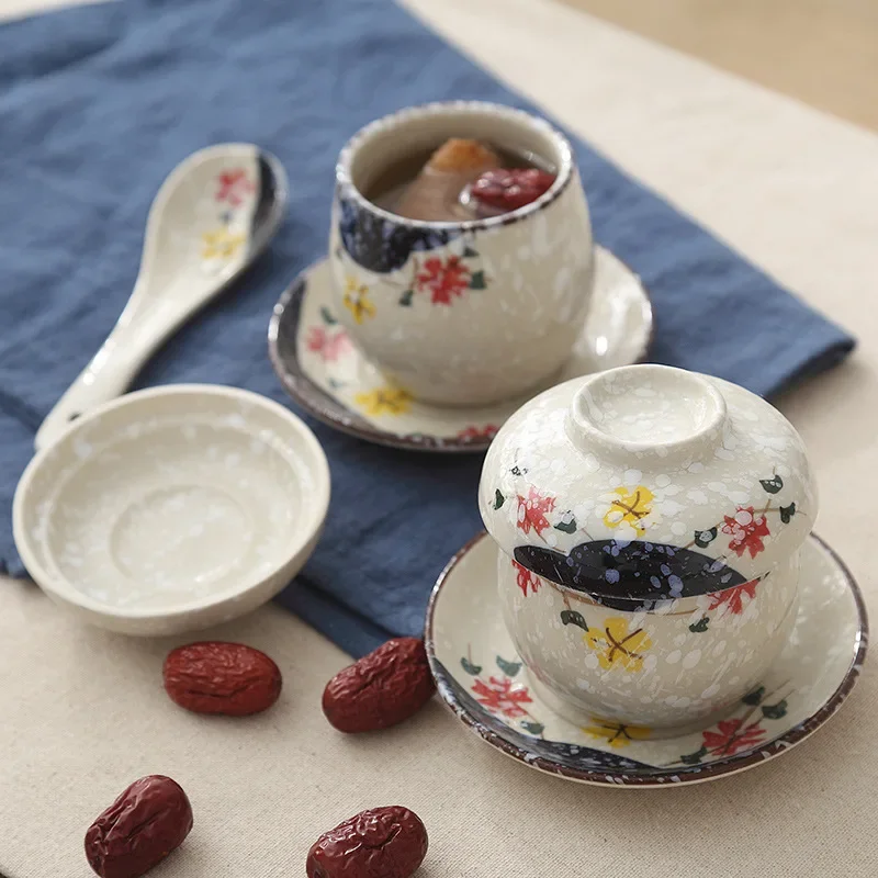 LingAo-Japanese and Korean Ceramic Tableware, Medicine Diet Supplements, Stew Cup, Bird's Nest Steamed Egg with Lid