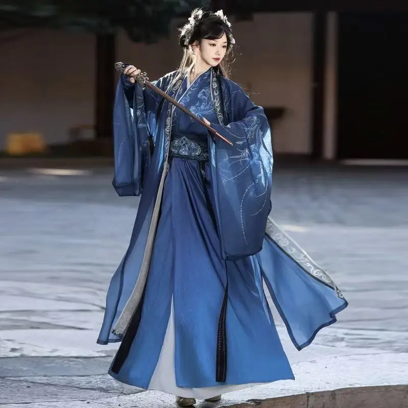 

Blue Printing Hanfu Men Women Traditional Chinese Clothing Large Sleeve Long Robe Carnival Party Wuxia Cosplay Costume Han Suits