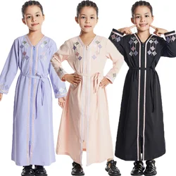 New Muslim Kids Girls Zipper Front Open Abaya Morocco Kaftan Islamic Child Clothes Eid Ramadan Jalabiya Arabic Robe Caftan Dress