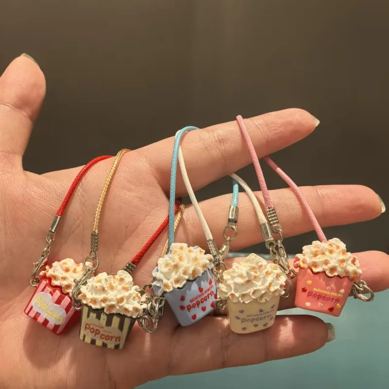 Mini Popcorn Donut Keychain for Women Enamel Resin Phone Charm Cute Fake Food Key Chains Bag Pendant Kawaii Accessory Girls Gift