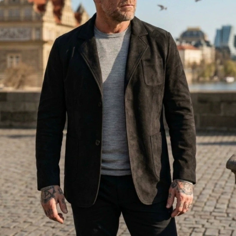 Vintage Lapel Suede Texture Blazer Fashionable Solid Color Long Sleeve Casual Outerwear 2026 Autumn Winter Daily Jacket For Men