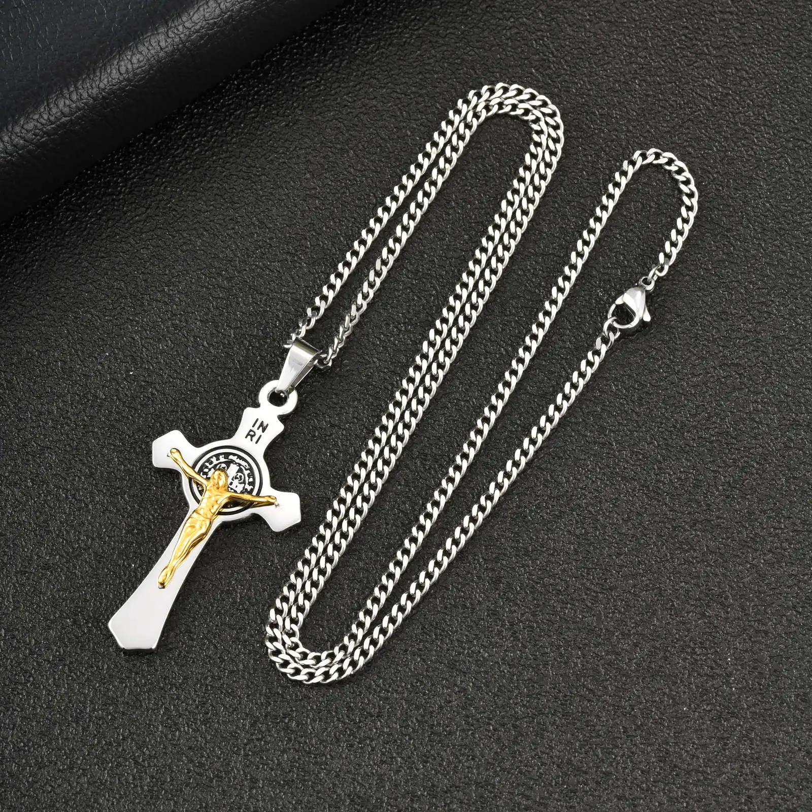 Vnox Saint Benedict Catholic Cross Pendant Necklace for Men Women, 50/60/70cm Stainless Steel Link Chain, Religious Jewelry Gift - view 6