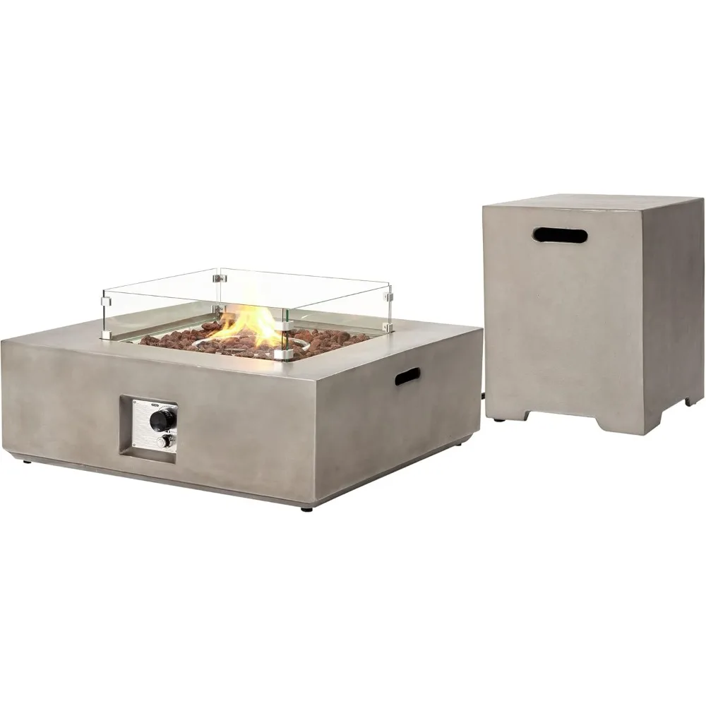 Outdoor Propane Fire Pit, Square Patio Fire Table 50,000 BTU Fire Pitm 20 Gallon Tank Cover, Glass Wind Guard, Waterproof Cover