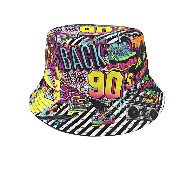 Modischer Retro-Graffiti 80er 90er Bucket Hat für Männer und Frauen, Lustiger Sommer-Frühling-Strand-Anglerhut, Packbarer Outdoor-Sonnenhut – Detail 1