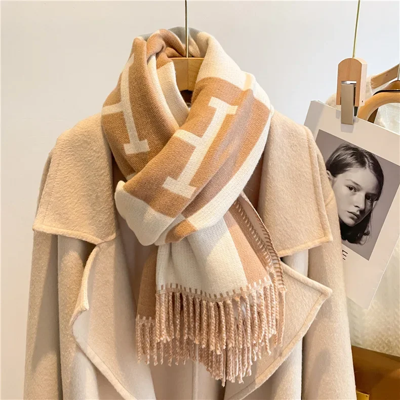 

Luxury Core-spun Yarn Scarf Winter New Double-sided Long Letter Shawl Thermal Scarf Women