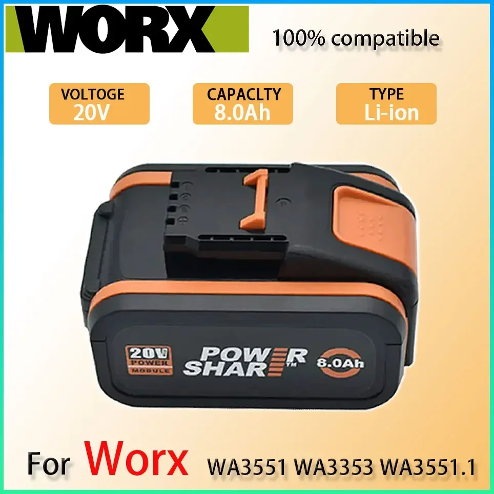 

20V 8.0Ah Original Lithium ion Replacement Rechargeable Battery for Worx WA3551 WA3553 WX176 WX550 WX386 WX373 WX290 WX800 WU268