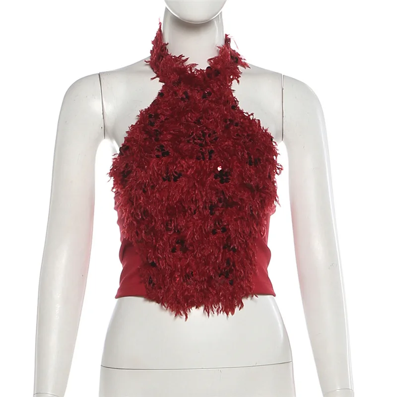 SylCue Sexy fourrure débardeurs femme paillettes Patchwork licou dos nu nombril exposé filles chaudes haute rue Style sauvage gilets classiques