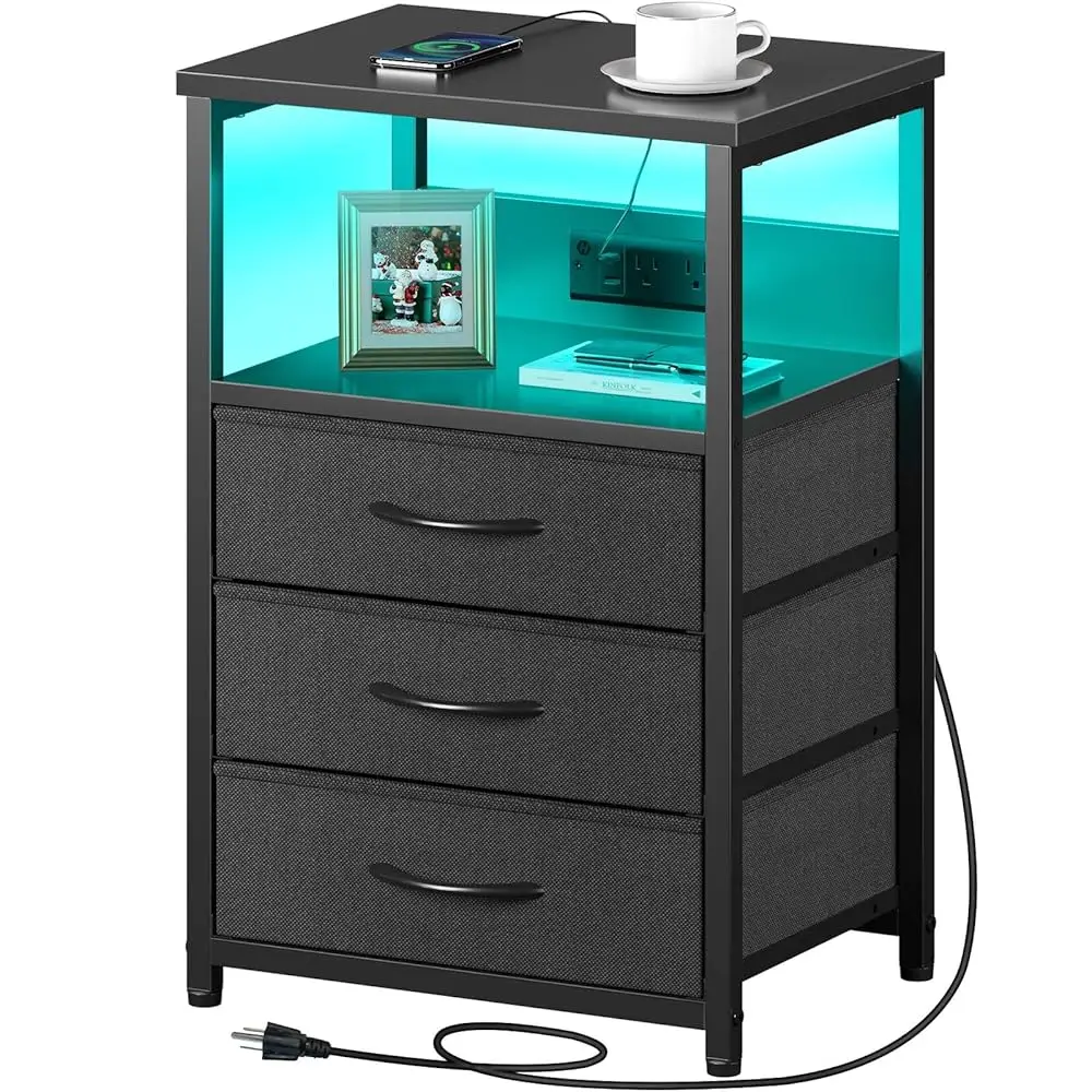 

Nightstand With Charging Station And Led Light, Set Of 2 Side Table With 3 Fabric Drawers, Bedside End Table With Usb Ports And