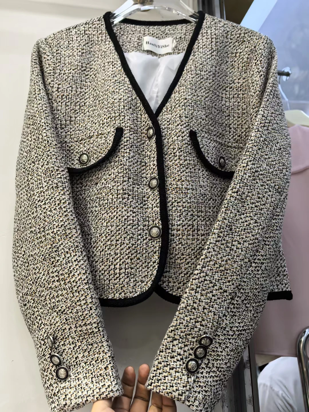 Chaqueta corta de estilo coreano para mujer, traje gris de alta calidad, moda de otoño e invierno, abrigo elegante con cuello en V, traje de oficina para mujer 2024