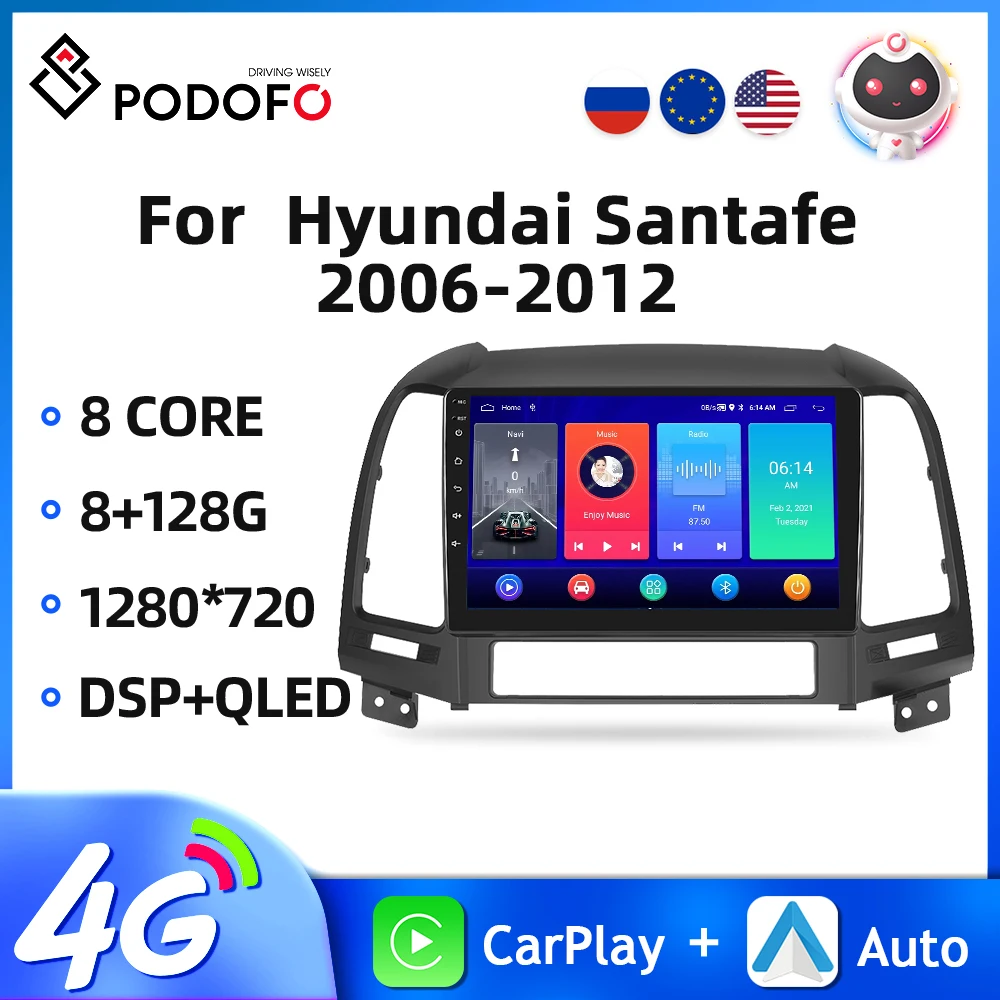 Podofo Android 2din Car Radio For Hyundai Santa Fe 2006-2012 9'' Car Multimedia Player GPS Navigation 4G WIFI Carplay 8core DSP