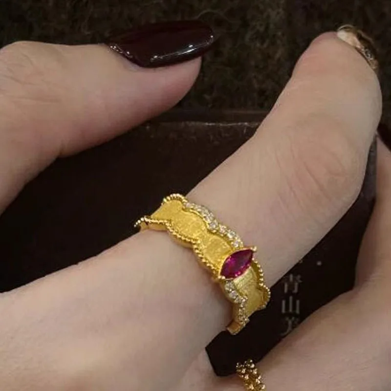 Vintage Ruby Sparkling Diamond Brushed rings for women High Grade Wave inlay Diamond Red Ring adjustable Banquet Jewelry Gifts