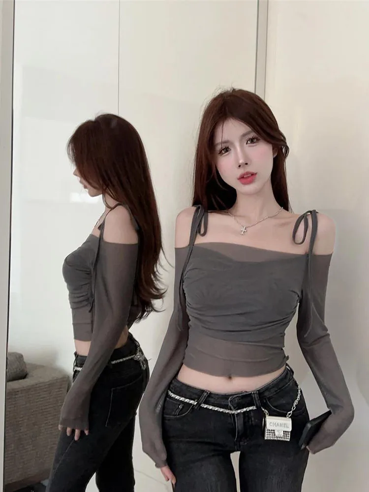 섹시한 시스루 긴팔 여성 티셔츠, 오프 숄더 스트랩, 배꼽이 드러나는 숏컷 여성 티셔츠