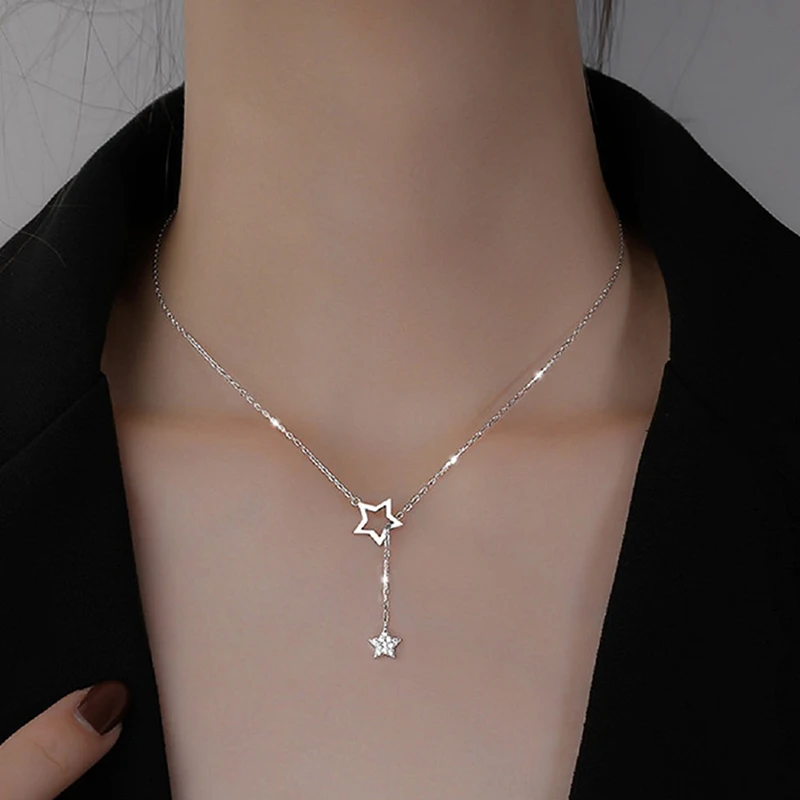 Zircon Stars Alloy Necklace Hollow Elegant Clavicle Chain Simple Temperament Tassel Necklace Women's Accessories Gift