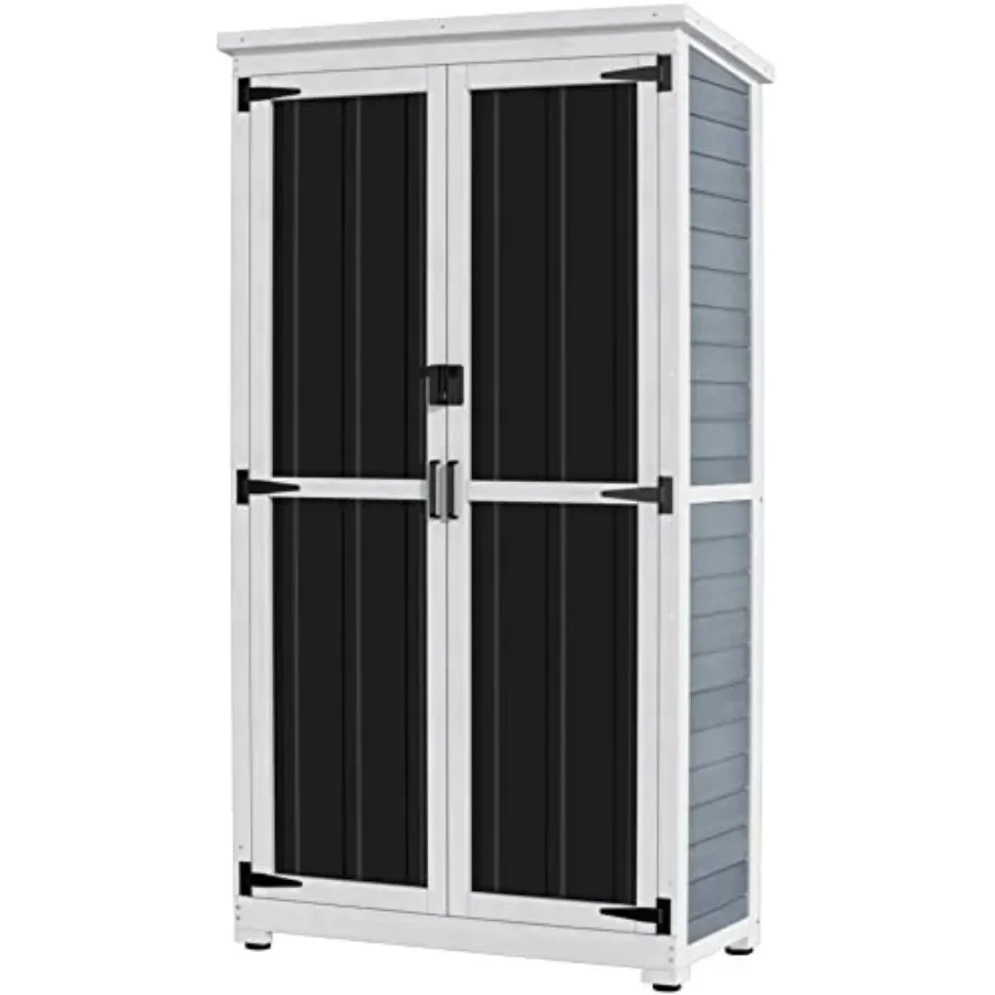 Outdoor Storage Cabinet for Garden Use, Wood and Metal Construction, Gray Finish, Weather-Resistant Tall Tool Organizer