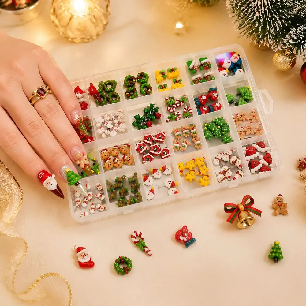 24Grids 3D Christmas Nail Charms Assorted Resin Santa Snowman Gingerbread Wreath Ornaments Flat Back Beads For Manicure Supplies