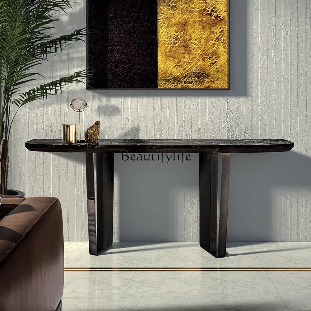 

01Italian minimalist natural marble entrance table entrance hall bar case light luxury sofa back few