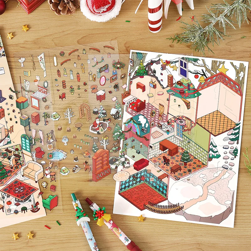 Mr. Paper Christmas Stickers 4 sheets/pack Oversized Christmas House Manufacturing Scenery PET Sticker Handbooks Home Decoration