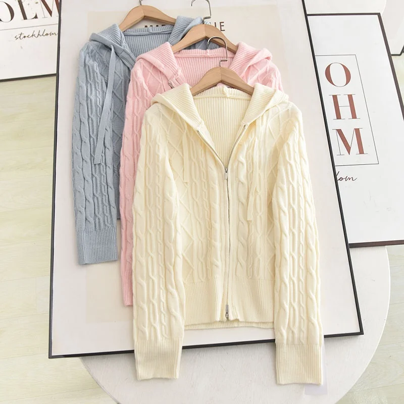 McSystem 2024 Autumn Drawstring Hooded Lazy Style Knitted Sweater Open Cardigan Knitted Sweater Ageless Versatile Tassel Sweater