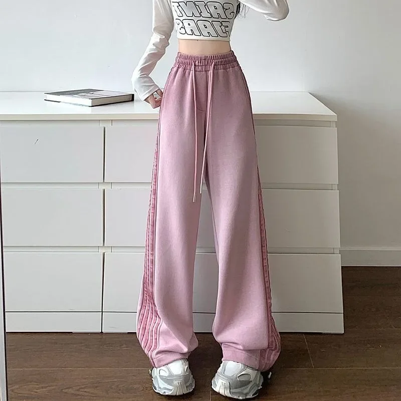 Autumn and Winter Loose Jazz Dance Pants Slim Casual Pants Pink Striped Webbing Straight Sports Sweatpants for Women