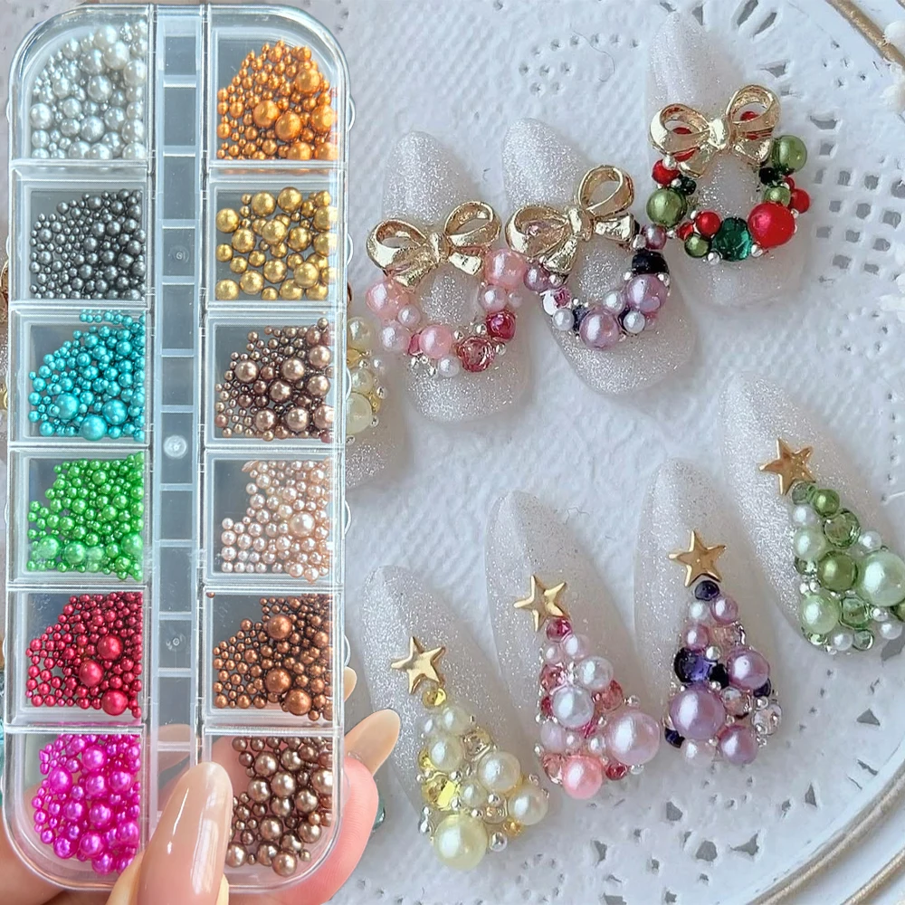 

1Box Colorful Christmas Pearl Nail Art Charms 3D Mixed Size Xmas Caviar Bead Ball Nail Jewelry Christmas Tree Wreath Nail Decora