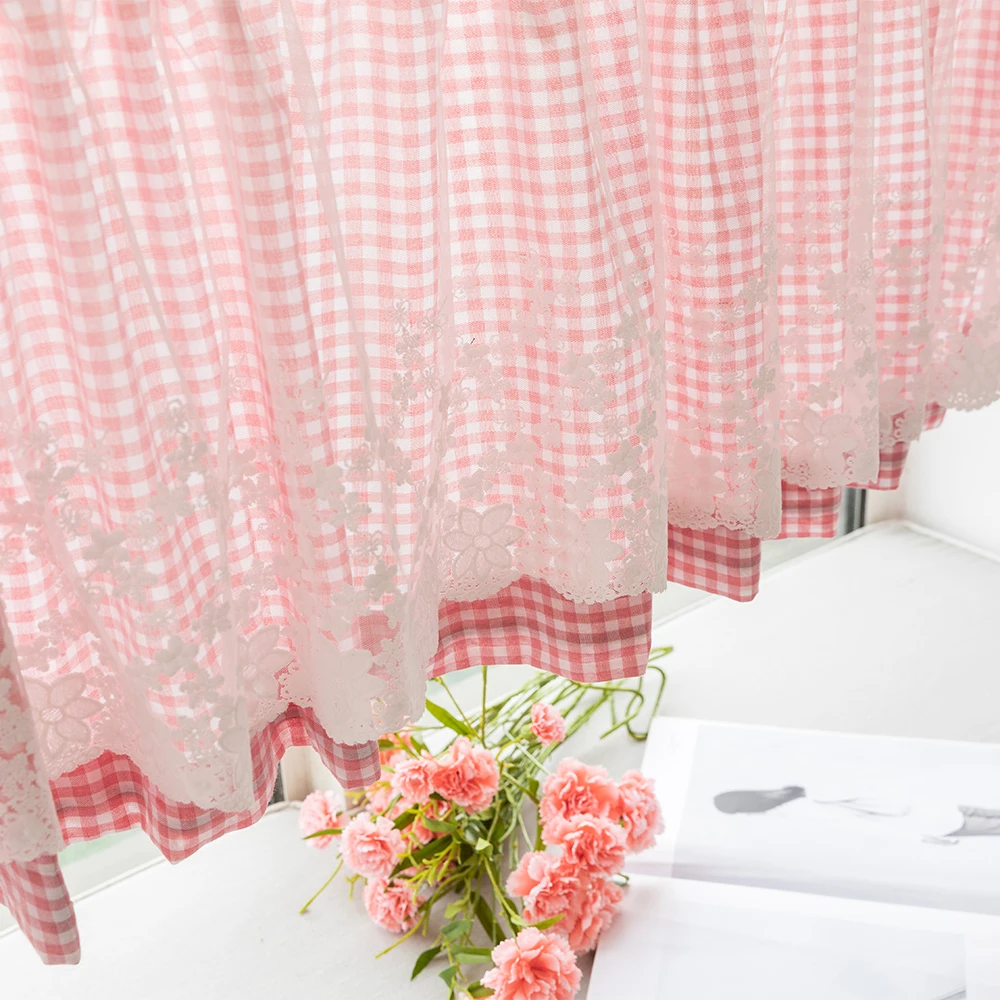 1 Piece, Pastoral Style Small Curtain, Short Curtain, Half Curtain Decoration, Plaid with Lace Tulle, Rod Pocket Installation, Suitable for Small