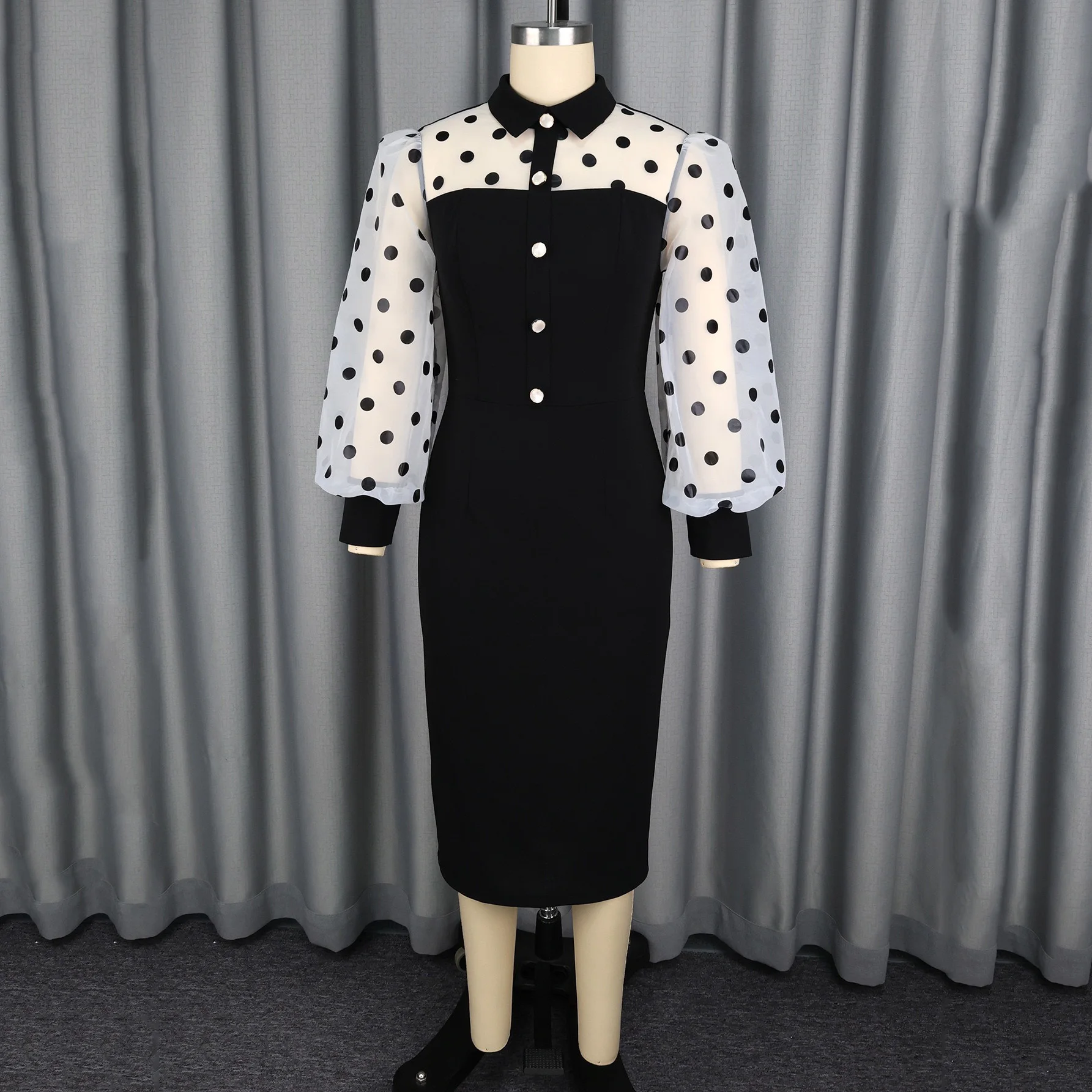 Elegant Women Dresses New Style for African Ladies 2026 Polka Dot Printed Full Sleeve Buttons Sheath Package Hips Mid Calf Dress