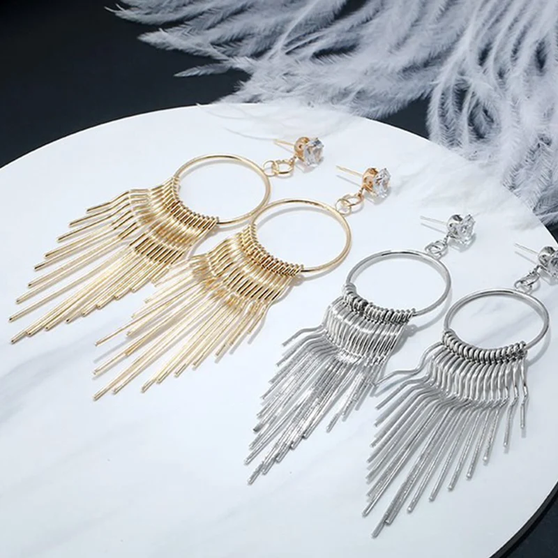 

Zircon Exaggerated Long Anti Allergy Female European And American Metal Long Tassel Punk Style Fashion Earrings