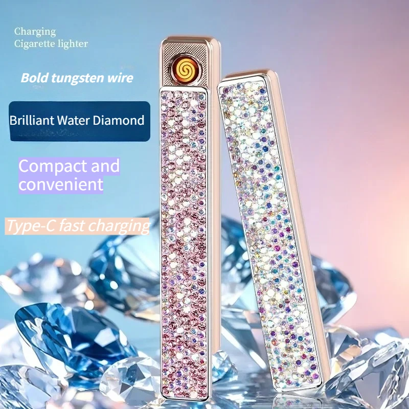 New High-end Women's Lighter Fashionable Mini Diamond Personalized Windproof Charging Cigarette Lighter Rhinestone Small Gift