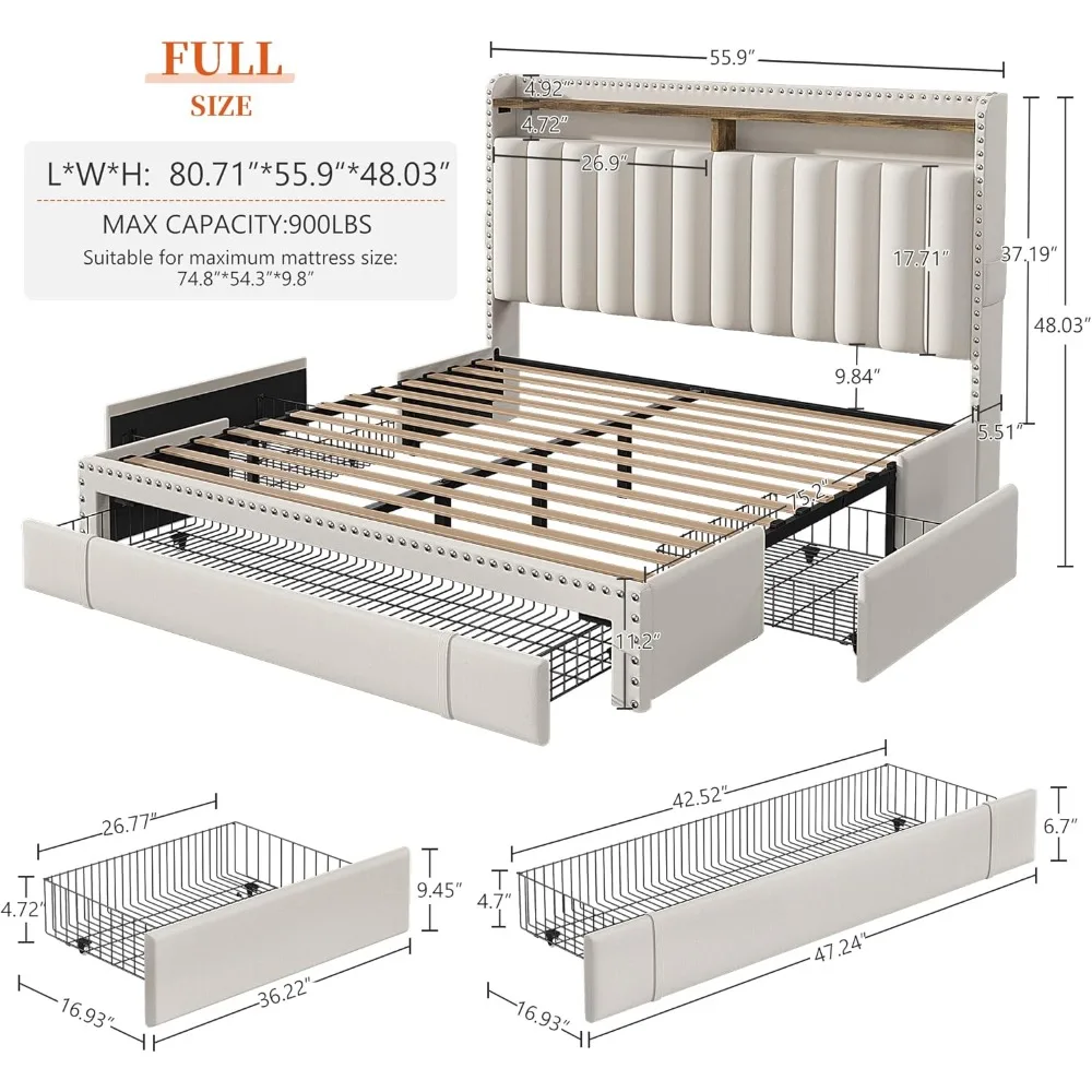 Full Size Bed Frame with 3 Storage Drawers, Beds Frames with Headboard, No-Noise, Easy Assembly, Upholstered Full Bed Frame