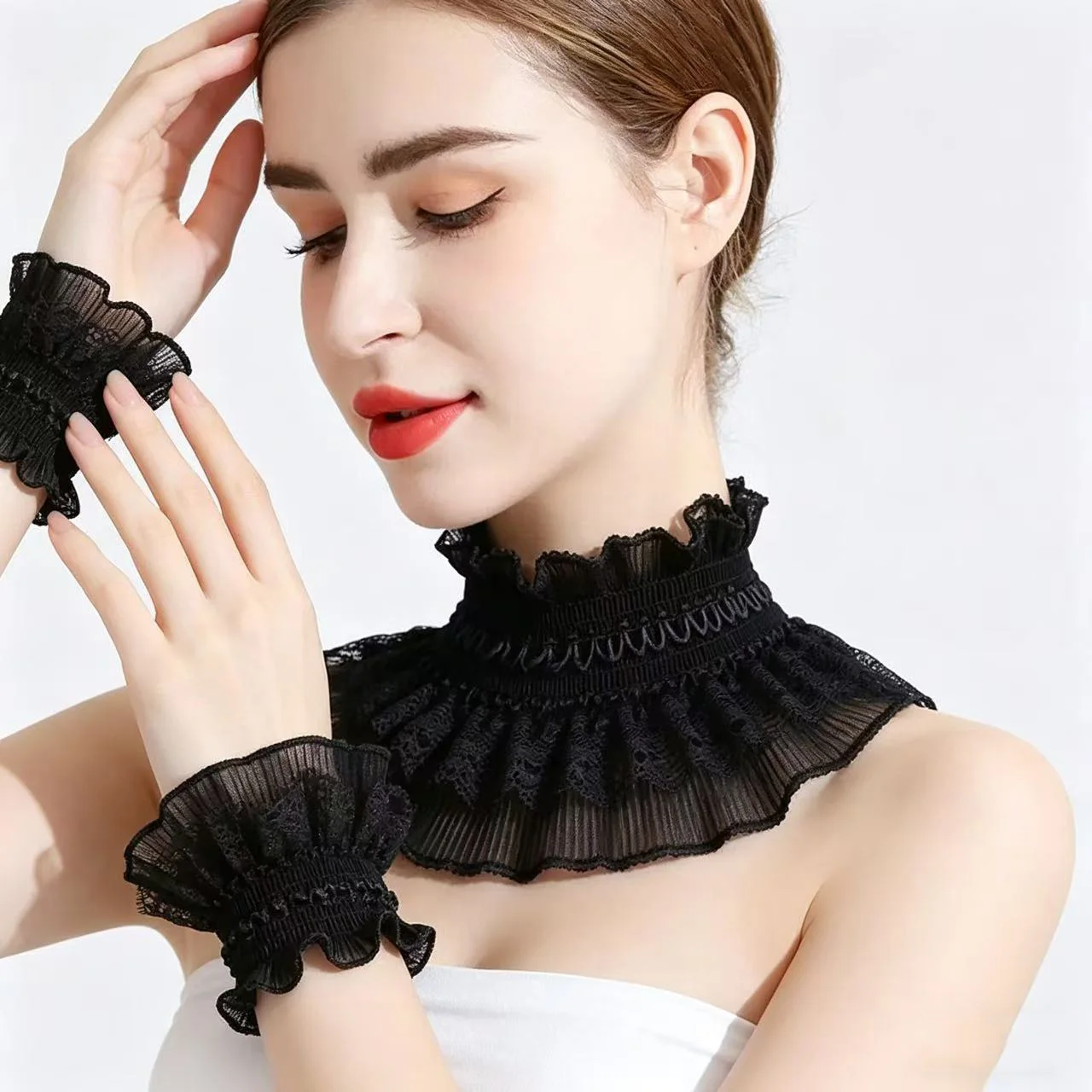 3Pcs/Set Women's Neck Ruffles Lace Collar Cuff Set, Versatile Layering Shirt Accessories for Women