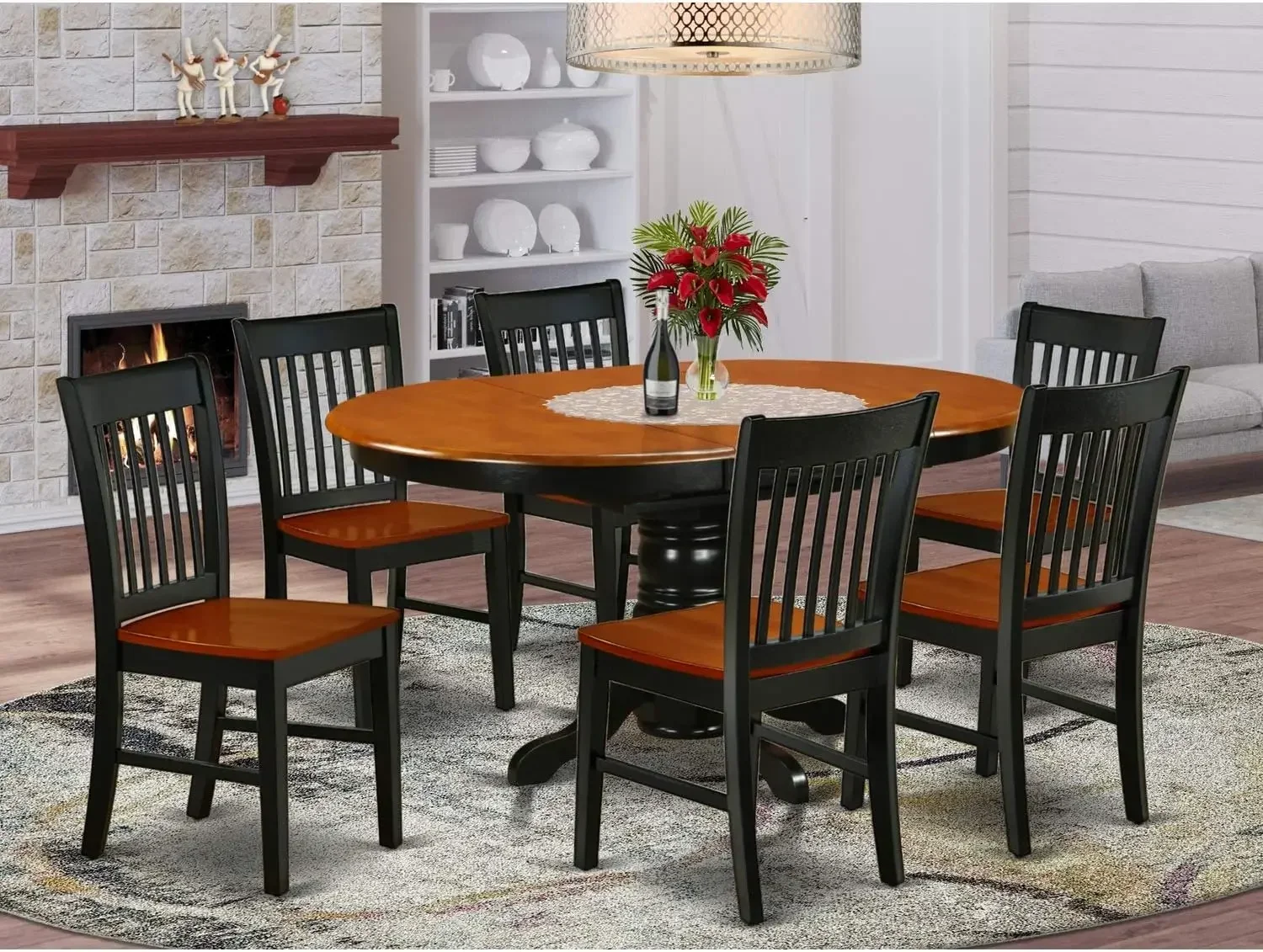 7 Piece Dining Room Furniture Set Consist of an Oval Kitchen Table with Butterfly Leaf and 6 Dining Chairs, 42x60 Inch