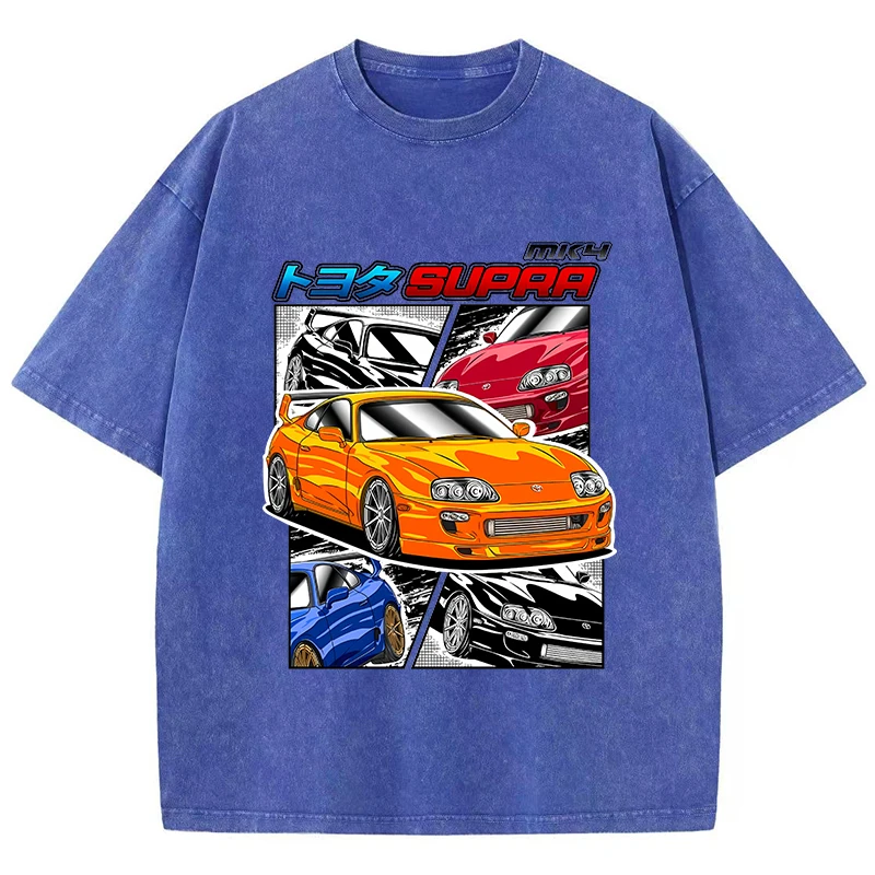 Street Woman Washed T-Shirts Supra Racing Comic Print Short Sleeve Comfortable Cotton Oversize Tops Summer Casual Female Clothes