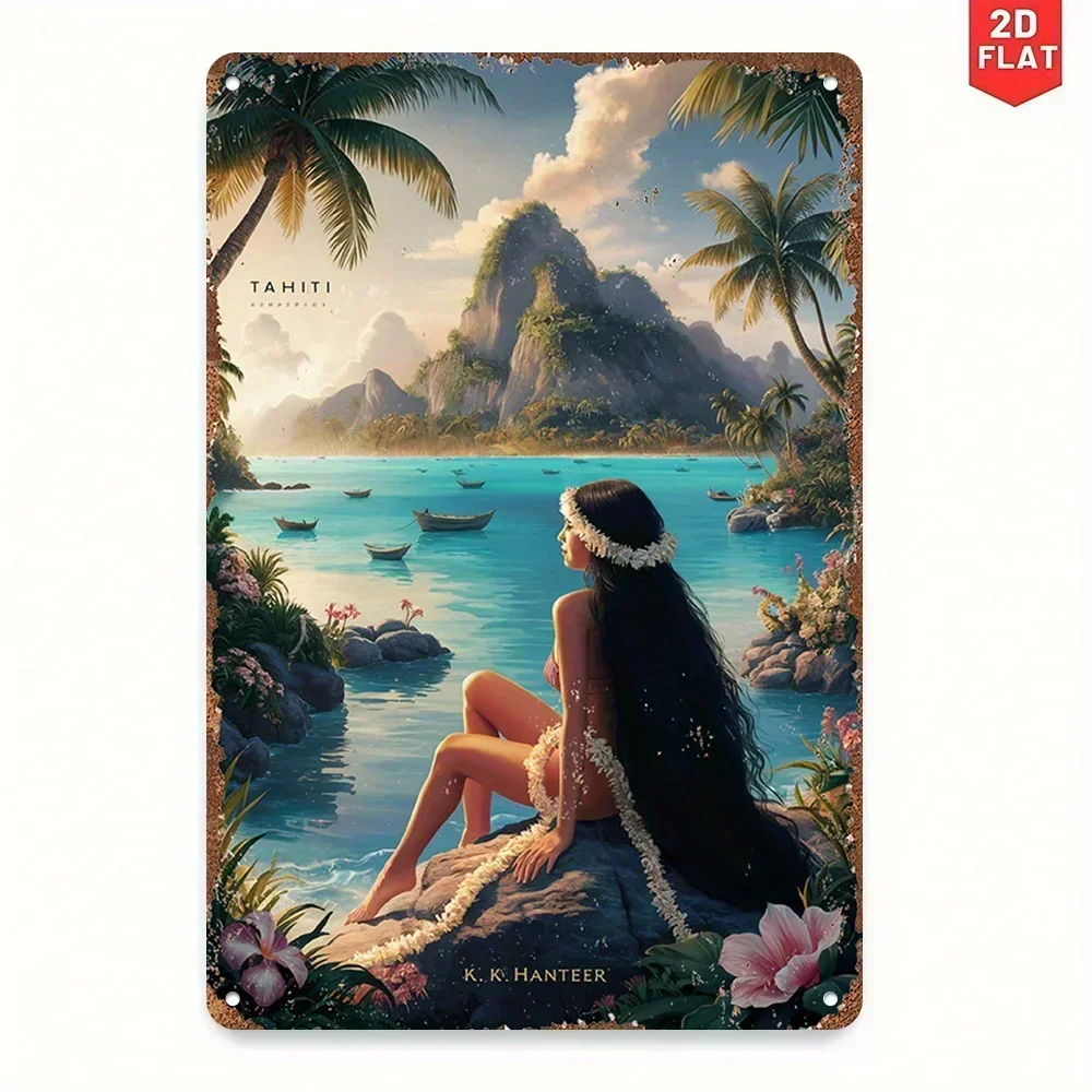2D Flat, 1pc Vintage Metal Wall Art Sign - Tropical Tahiti Landscape with Palm Trees, Mountains & Floral Woman, Durable Indoo
